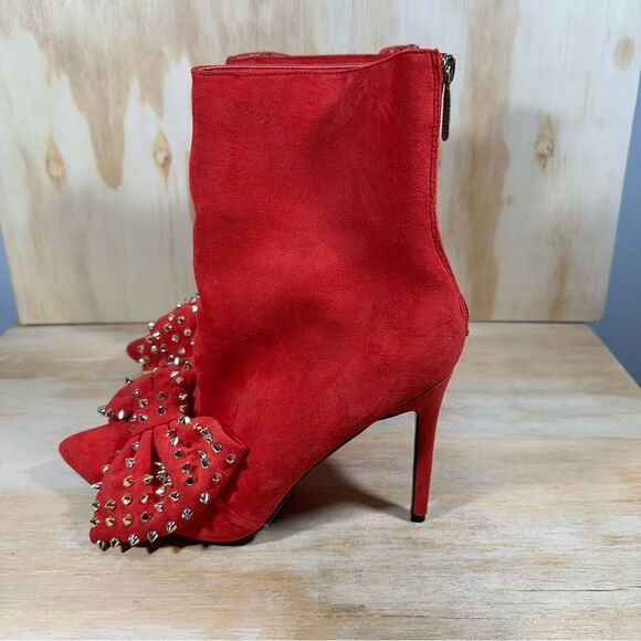 Red Suede Studded Bow Ankle Boots Women’s Size 10 - Picture 1 of 7